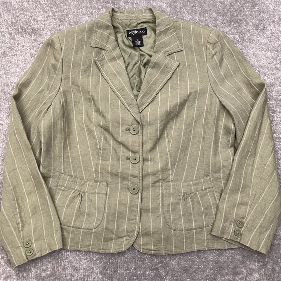 Style&co. Jackets & Blazers - STYLE & CO Womens Size 12 Striped 100% Linen Blazer Patch Pockets Sage Green Y2K